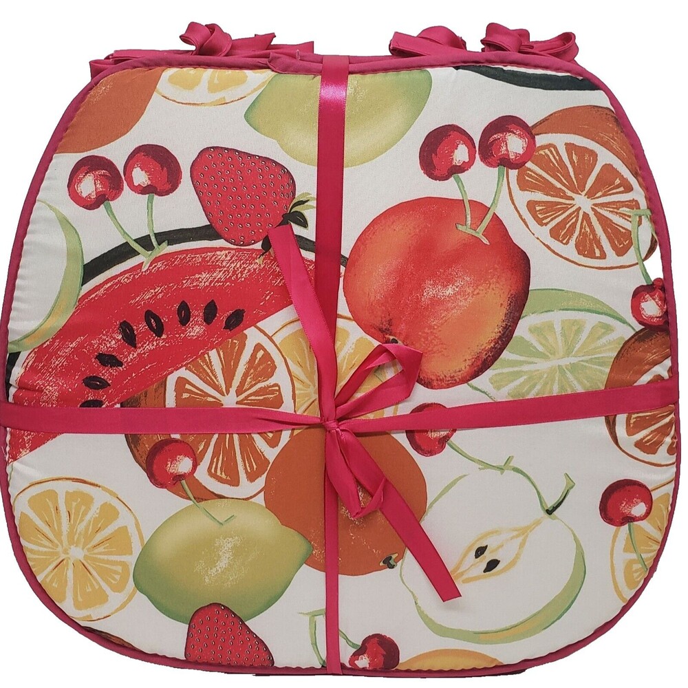 Set of 4 KITCHEN CHAIR PADS CUSHIONS w/ pink strings,COLORFUL FRUITS 15"x15", BH